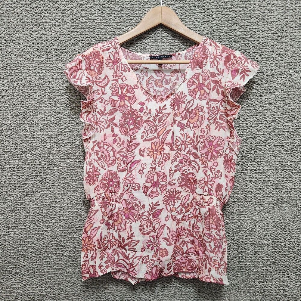 COMO BLACK Women’s Floral Peplum Flutter Sleeve Blouse Top Size XL